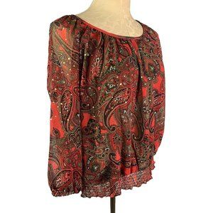 Medium Petite C.D. Petites Women's Sheer Banded Blouse Red Paisley Embellished